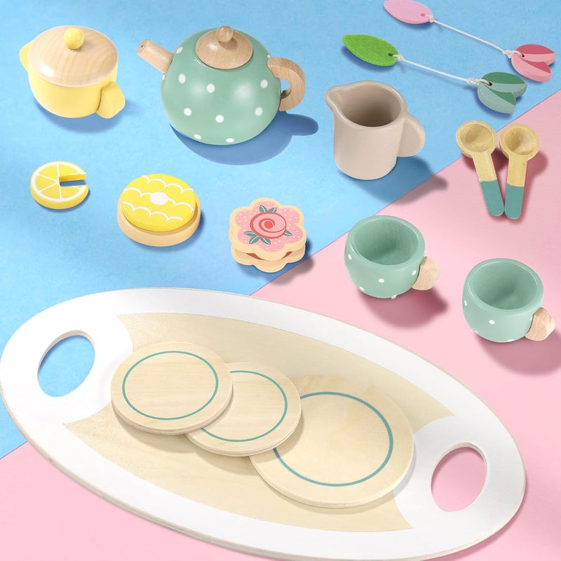 TARIOMART Wooden Tea Set for Little Girls,Wooden Toys Toddler Tea Set Play Kitchen Accessories for Kids Pretend Play Food Playset for Kids Tea Party 15Pcs - Image 2